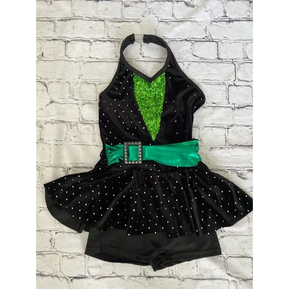 Curtain Call Girl Shiny Sequin Performance Costume Leotard Dress Black‎ Size CME
